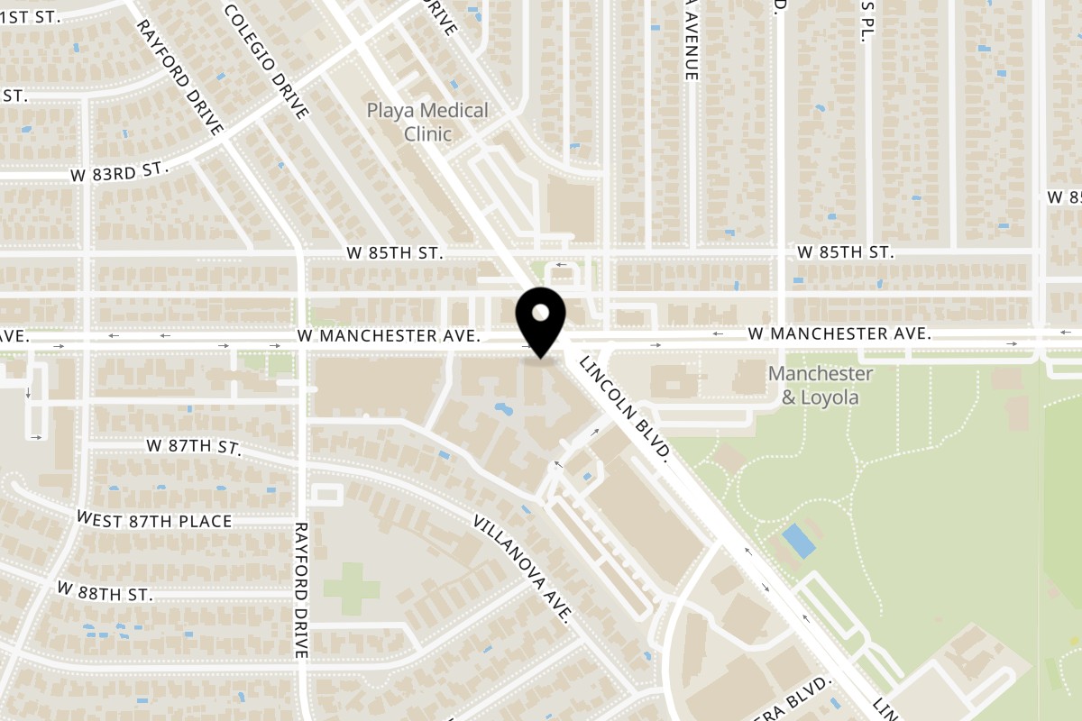 Map showing the location of Beach Pizza on 8601 Lincoln Boulevard in Westchester